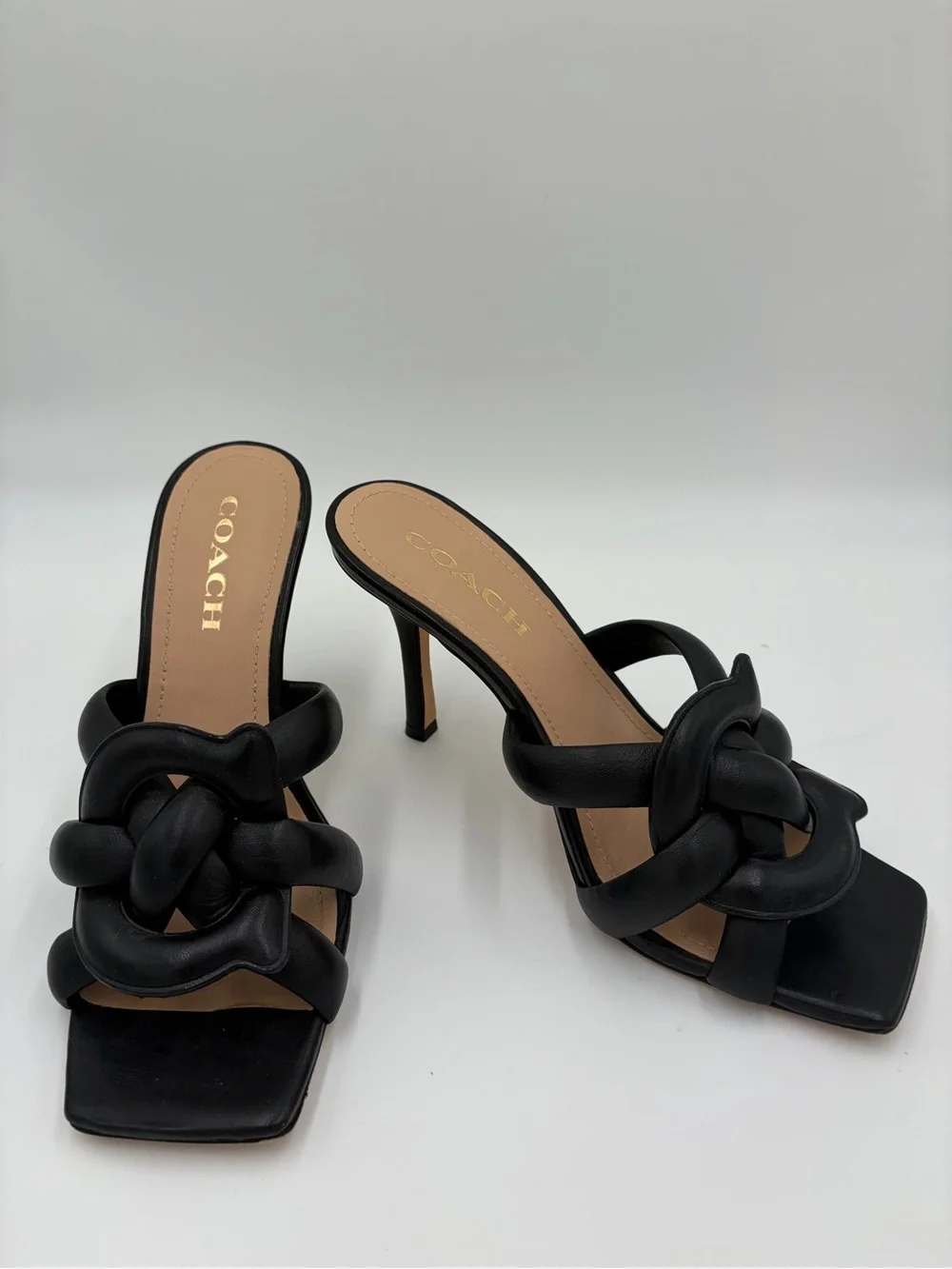 Coach Kellie Black Knot Heels, Mules, Slides with Woven C logo Size 9
